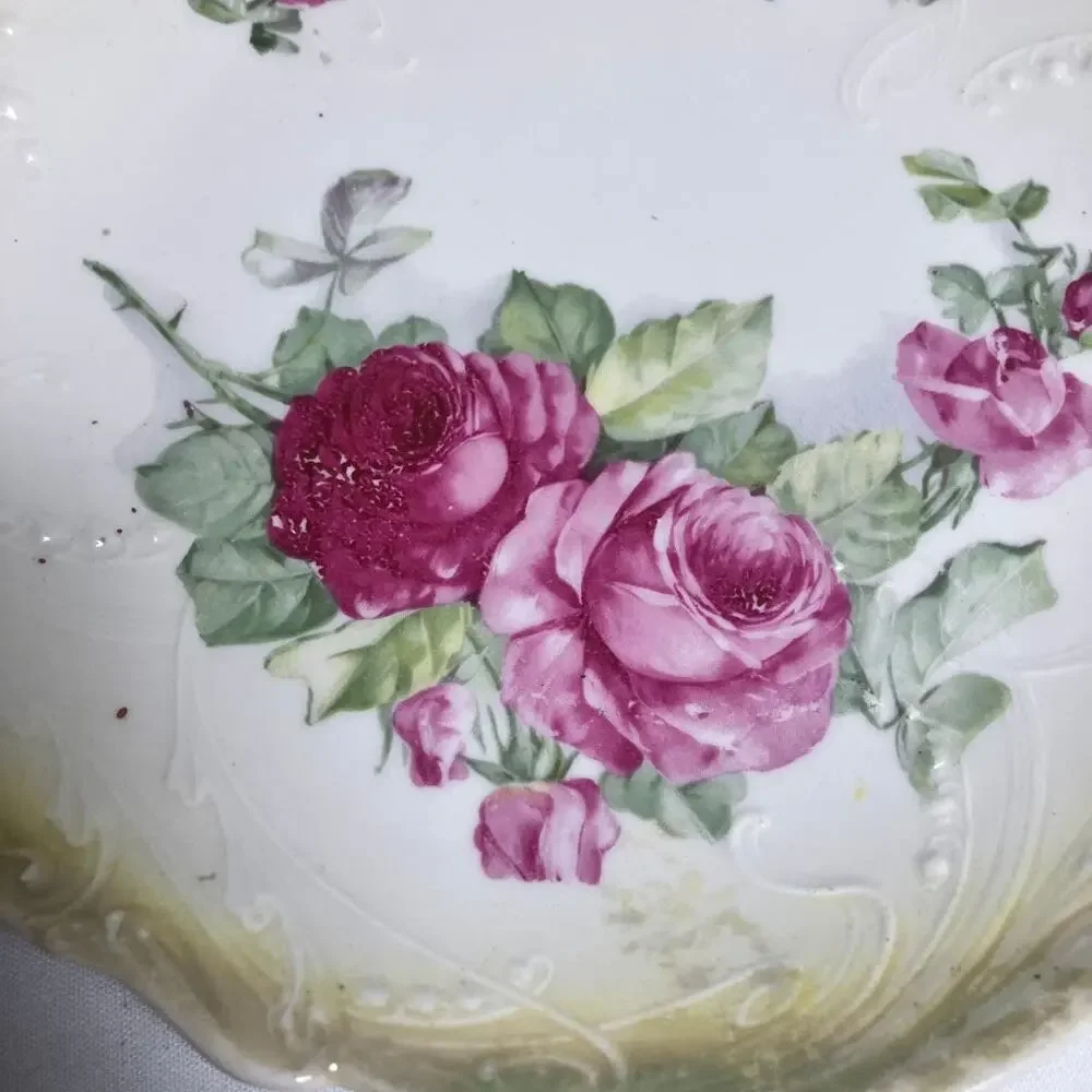 Antique Lehmann Arzberg Bavaria Hand Painted Pink Rose Cake Plate Embossed 10”